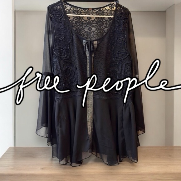 Free People Sheer Blouse with Crochet and beaded details size Large - Picture 3 of 17